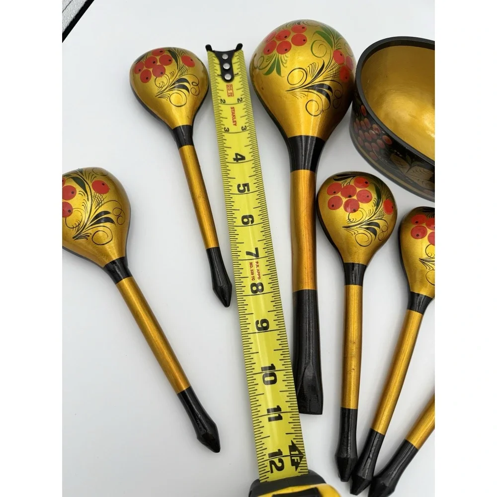 Vintage Russian Wooden‎ Khokhloma Spoons and bowl,  Hand-Painted, Lacquer Set